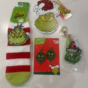 The Grinch Holiday Set: Socks, Earrings, Keychain and wooden ornament.